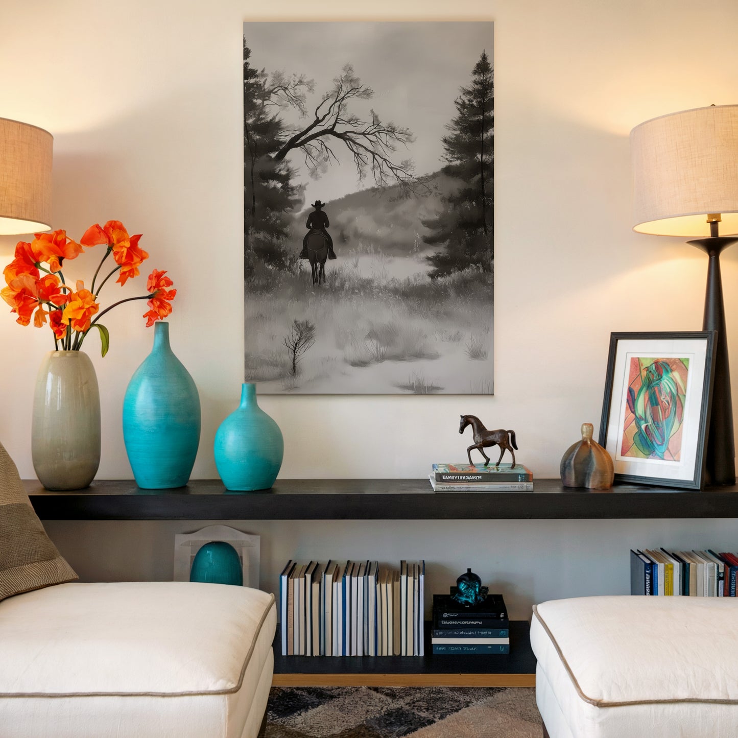 Monochrome Cowboy Landscape Vertical Canvas Art Print