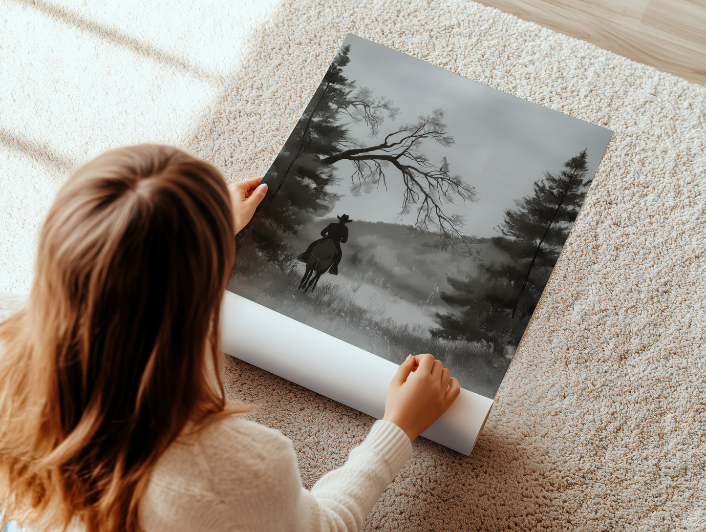 Monochrome Cowboy Landscape Canvas Print