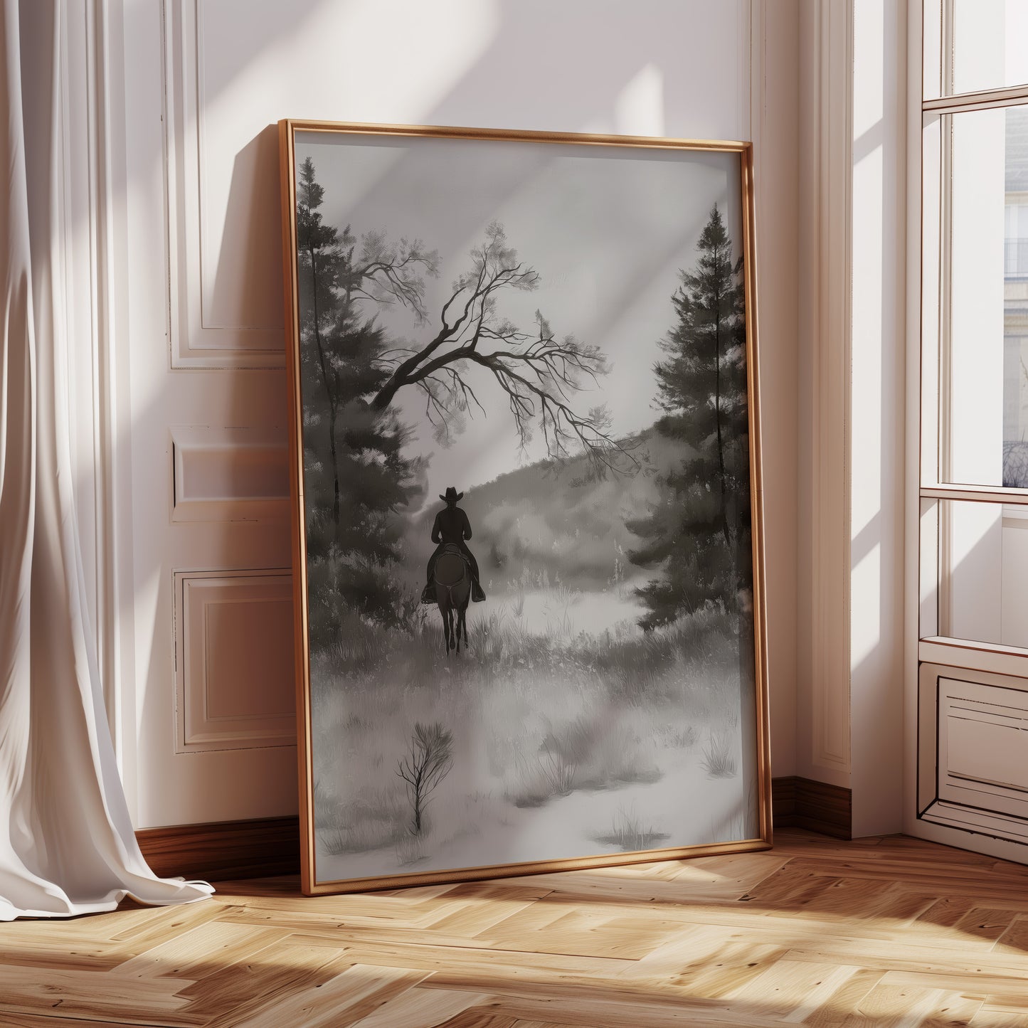 Monochrome Cowboy Landscape Canvas Print