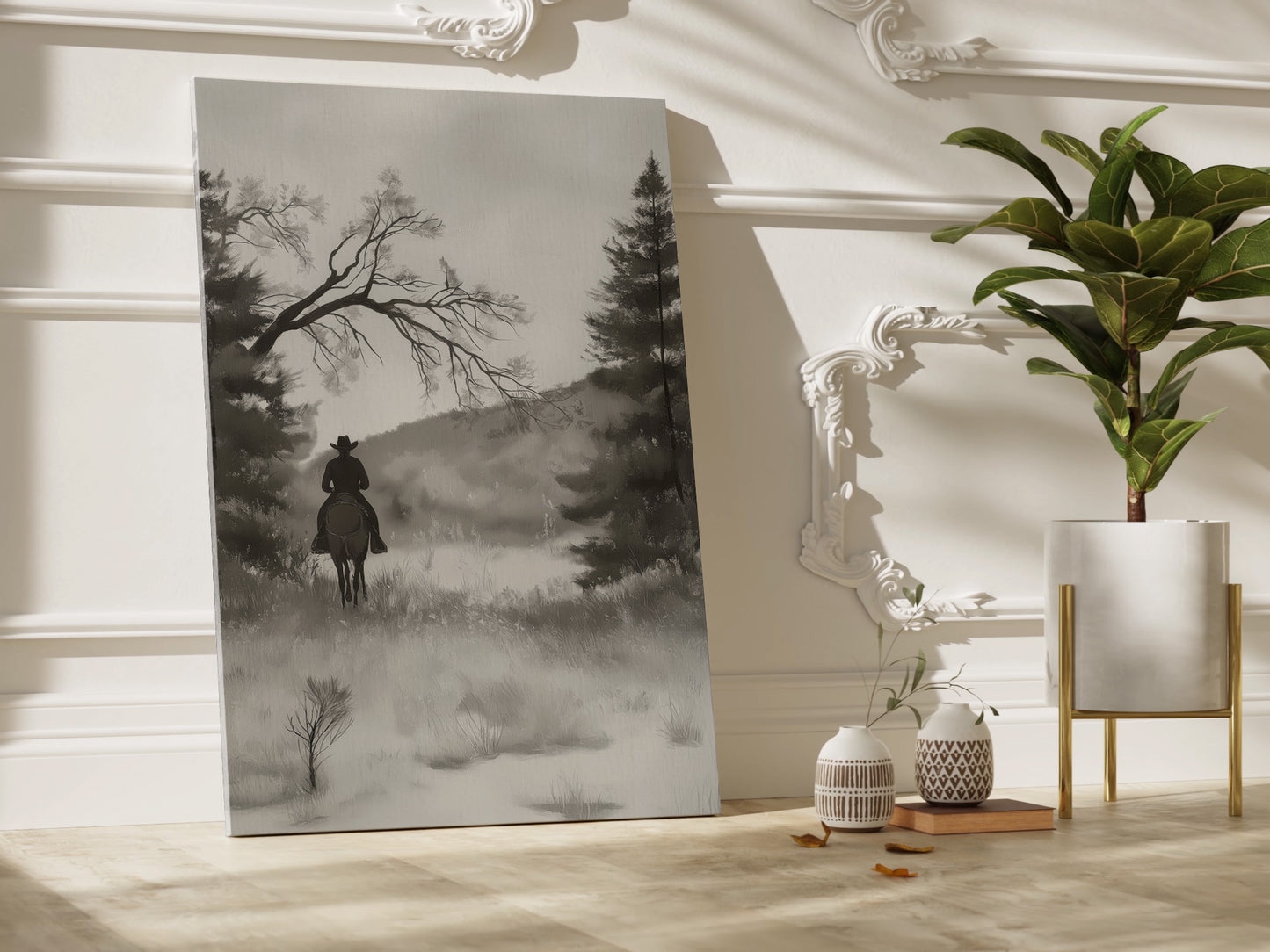 Monochrome Cowboy Landscape Canvas Print